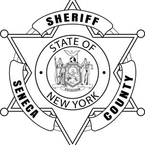 Może przedstawiać: Czarno-biała ilustracja odznaki szeryfa z pięcioramienną gwiazdą i tekstem "SHERIFF STATE OF NEW YORK COUNTY SENECA" wokół obwodu.
