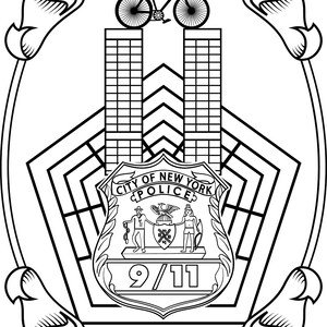 May include: Black and white line art illustration of a bicycle with the words "Tour de Force" above and "9/11" below the bicycle. The bicycle is positioned between two towers, and a badge with the words "City of New York Police" is below the towers.