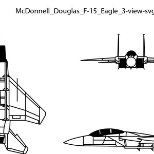 May include: A black and white line drawing of a McDonnell Douglas F-15 Eagle fighter jet in three views: top, front, and side. The drawing shows the aircraft's distinctive twin vertical stabilizers, swept wings, and powerful engines.