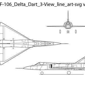 May include: Line art illustration of a Convair F-106 Delta Dart jet fighter in three views: top, front, and side. The image is a vector file, showing the aircraft's design with detailed outlines and internal structures. The text "Convair_F-106_Delta_Dart_3-View_line_art-svg vector file" is at the top.