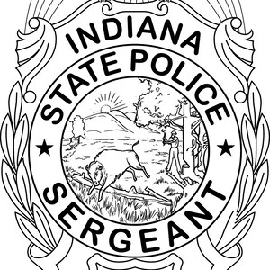 以下が含まれることがあります： インディアナ州警察軍曹の文字と、バイソン、木、山脈を描いたバッジの白黒線画です。