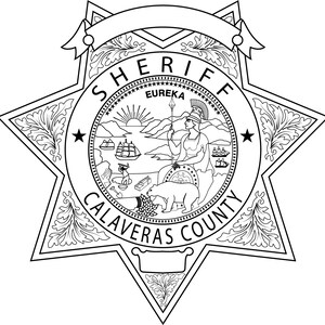 May include: Black and white illustration of a sheriff's badge with a star shape and the words "SHERIFF CALAVERAS COUNTY" around the perimeter. The center of the badge features a seal with the words "EUREKA" and a depiction of a woman holding a spear.