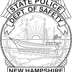 May include: Black and white line drawing of the New Hampshire State Police emblem. The emblem features a bald eagle with outstretched wings, a ship with sails, and the text "STATE POLICE DEPT. OF SAFETY NEW HAMPSHIRE TROOPER".