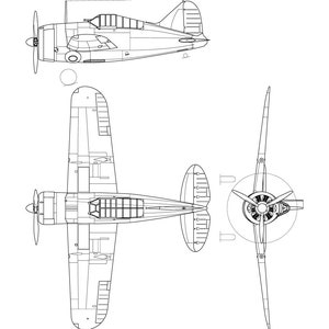 May include: A line drawing of a Brewster F2A-1 Buffalo fighter plane in three views: side, top, and front. The drawing shows the plane's distinctive shape, including its rounded fuselage, single-seat cockpit, and fixed landing gear.