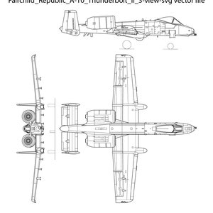 May include: A black and white line drawing of a Fairchild Republic A-10 Thunderbolt II aircraft in three views: top, side, and front. The aircraft is a twin-engine, single-seat, straight-wing, jet-powered attack aircraft.