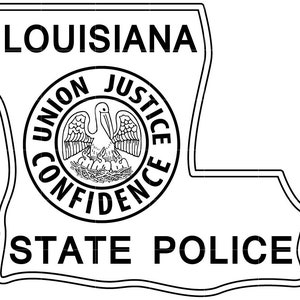 May include: Black and white image of the Louisiana State Police emblem. The emblem features a pelican with its young in a nest, surrounded by the words "Union Justice Confidence". The words "Louisiana State Police" are below the emblem.