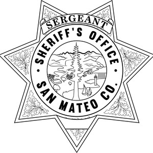 May include: Black and white illustration of a sheriff's badge with a six-pointed star shape. The badge features the text "Sergeant Sheriff's Office San Mateo Co."