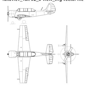May include: A line drawing of a Yakovlev Yak-52 aircraft in three views: side, top, and front. The drawing shows the aircraft's basic shape and features, including the wings, fuselage, tail, and engine.