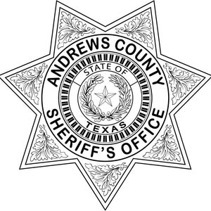 Peut inclure: Illustration en noir et blanc d'un badge en forme d'étoile à six branches avec le texte "Andrews County Sheriff's Office" et "State of Texas" à l'intérieur.