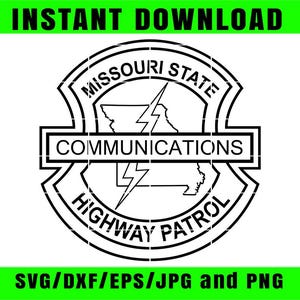 May include: A black and white digital graphic featuring the Missouri State Highway Patrol Communications emblem. The design includes a shield shape, a map outline of Missouri, a lightning bolt, and the text Missouri State Communications Highway Patrol.