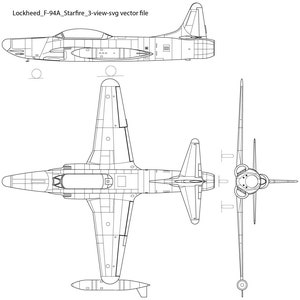May include: A black and white line drawing of a Lockheed F-94A Starfire jet aircraft. The drawing shows the aircraft from three different views: side, top, and rear. The aircraft has a long, slender fuselage, swept wings, and a single tail fin.