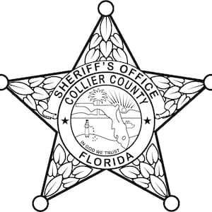 May include: Black and white illustration of a five-pointed star with a circle in the center. The circle contains the text "Sheriff's Office Collier County" and "In God We Trust Florida".