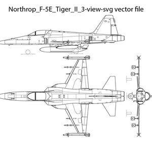 May include: A black and white line drawing of a Northrop F-5E Tiger II fighter jet in three views: side, top, and front. The drawing shows the aircraft's distinctive features, including the swept wings, twin tail fins, and the air intake on the nose.