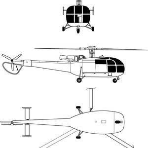 May include: A black and white line drawing of a helicopter from three different angles: front, side, and bottom. The helicopter has a single rotor and a tail rotor.