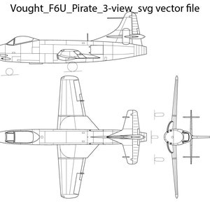 May include: A black and white line drawing of a Vought F6U Pirate jet aircraft in three views: side, top, and bottom. The drawing shows the aircraft's distinctive swept wings, single-seat cockpit, and tail.