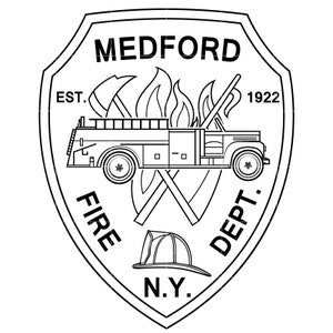 May include: Black and white illustration of a fire department emblem. The emblem features a fire truck, crossed axes, a fire helmet, and the text "MEDFORD FIRE DEPT. N.Y. EST. 1922".