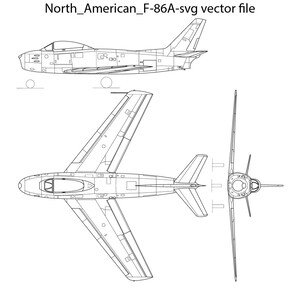 Puede incluir: Un dibujo de línea de un avión de combate a reacción North American F-86A Sabre. El dibujo muestra el avión desde tres ángulos diferentes: lateral, superior y posterior. El avión está representado en blanco y negro.