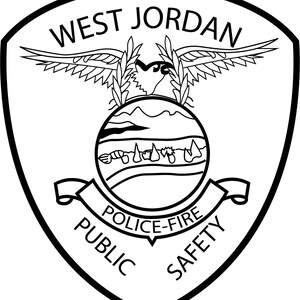 May include: Black and white illustration of a shield with the words "West Jordan Public Safety Police-Fire" inside. An eagle with outstretched wings and a globe with mountains and a river are above the text.