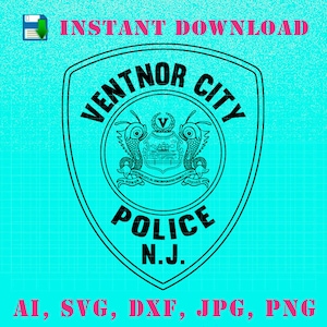 Könnte beinhalten: Eine schwarz-weiße Vektorgrafik eines Polizeibadgens für Ventnor City, New Jersey. Das Abzeichen zeigt einen Schild mit den Worten "Ventnor City" und "Police N.J.". Der Schild enthält auch ein Wappen mit zwei Fischen und dem Text "Ventnor City N.J. Incorporated March 13, 1891" sowie den Worten "Ehre" und "Gerechtigkeit".