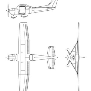 May include: A line drawing of a Cessna 172 airplane in three views: from the side, from above, and from below. The drawing is in black and white.