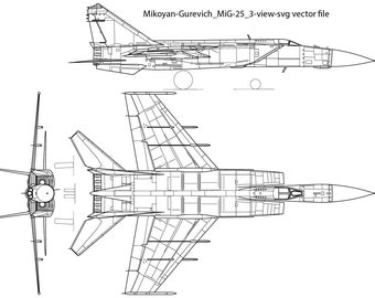 Mikoyan Gurevich MiG 25 3 view svg vector file, outlines, line art, laser, helicopter, jet, fighter, patch, Laser cut, engraving