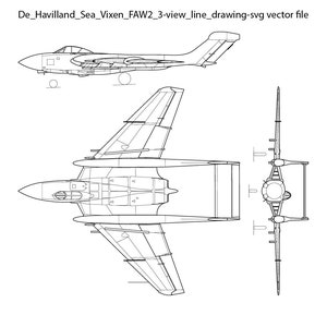 Puede incluir: Un dibujo de línea de un avión De Havilland Sea Vixen FAW.2 en tres vistas: lateral, superior y frontal. El avión es un caza a reacción británico embarcado en portaaviones.
