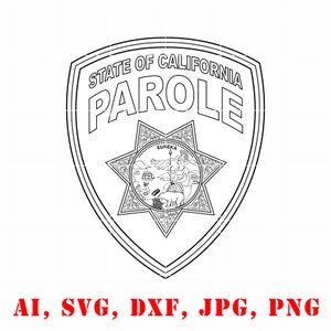 May include: Black and white line art illustration of a California State Parole badge. The badge features a shield with the words "State of California Parole" at the top and a star with the California state seal in the center.