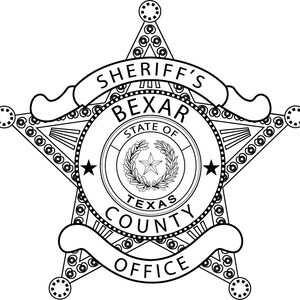 May include: Black and white illustration of a sheriff's badge with a five-pointed star. The badge features the text "Sheriff's Bexar County Office" and the seal of the State of Texas.