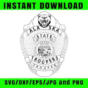 Peut inclure: Conception numérique en noir et blanc de l'insigne des Alaska State Troopers. L'insigne présente un ours en haut, les mots "ALASKA STATE TROOPERS" et un emblème circulaire avec une scène de montagne et de lac. Le texte en haut indique "INSTANT DOWNLOAD".
