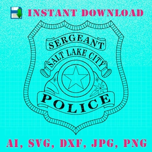 May include: Black and white line art illustration of a police badge with the text "SERGEANT SALT LAKE CITY POLICE".