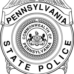 May include: Black and white illustration of a Pennsylvania State Police badge. The badge features an eagle with outstretched wings, a circle with the words "Commonwealth of Pennsylvania" and the state seal, and the words "Pennsylvania State Police" around the outside.