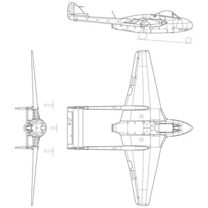 May include: A black and white line drawing of a De Havilland Vampire jet aircraft in three views: side, top, and front. The drawing shows the aircraft's distinctive swept wings and tail.