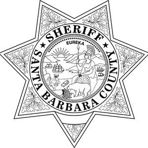 May include: Black and white illustration of a sheriff's star badge with the words "Santa Barbara County Sheriff" around the perimeter. The center of the badge features a scene of a woman standing on a hill with a bear and a ship in the distance. The words "Eureka" are written above the scene.
