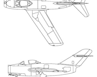 Mikoyan Gurevich MiG 15 3 view svg vector file, outlines, line art, laser, helicopter, jet, fighter, patch, Laser cut, engraving