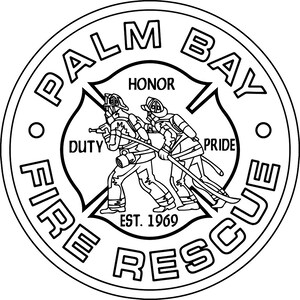 May include: Black and white illustration of a fire department emblem. The emblem features two firefighters with hoses, a crossed axe design, and the text "Palm Bay Fire Rescue" with the words "Duty", "Honour", "Pride", and "Est. 1969".