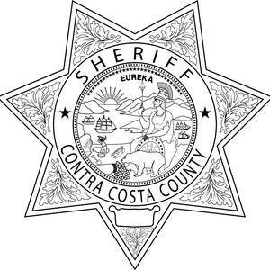 May include: Black and white illustration of a sheriff's star badge with the words "Sheriff Contra Costa County" and "Eureka" inside the star.