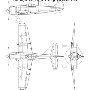 May include: A black and white line drawing of a Nakajima Ki-84 fighter plane. The plane is shown in three views: from the side, from above, and from the front. The drawing is detailed and includes all of the major features of the aircraft.