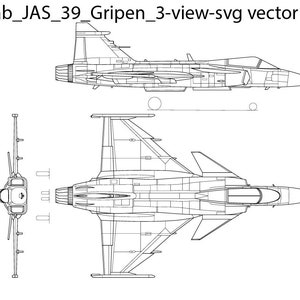 Może przedstawiać: Liniowy rysunek myśliwca Saab JAS 39 Gripen w trzech widokach: z boku, z góry i z przodu. Rysunek jest czarno-biały i pokazuje podstawowy kształt i cechy samolotu.