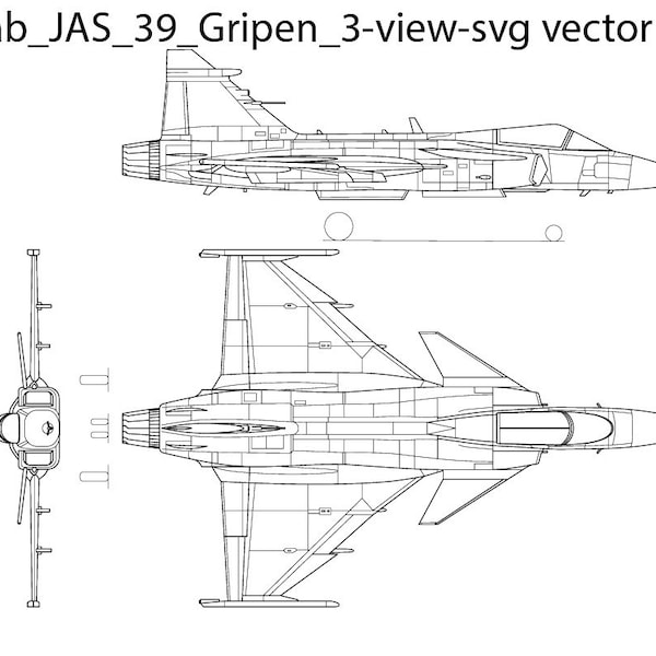 Saab JAS 39 Gripen 3 view svg vector file, outlines, line art, laser, helicopter, jet, fighter, patch, Laser cut, engraving, war