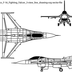 May include: A black and white line drawing of a General Dynamics F-16 Fighting Falcon aircraft. The aircraft is shown in three views: top, front, and side.