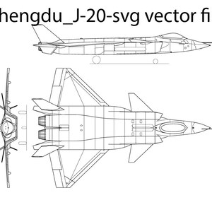 Puede incluir: Un dibujo en blanco y negro de un avión de combate furtivo Chengdu J-20. El dibujo muestra la aeronave desde los puntos de vista lateral y superior.