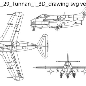 Puede incluir: Un dibujo en blanco y negro de un avión de combate Saab J 29 Tunnan. El dibujo muestra el avión desde tres ángulos diferentes: arriba, lateral y frontal.