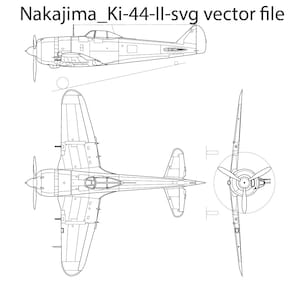 Op de afbeelding: Een lijntekening van een Nakajima Ki-44-II jachtvliegtuig in drie aanzichten: boven, zijkant en voorzijde. Het vliegtuig is in zwart-wit afgebeeld, met details van de vleugels, romp en staart.