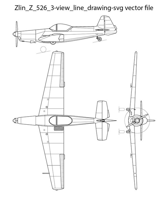 Zlin Z 526 Airplane 3-view Line Art, SVG Vector File (laser Cut