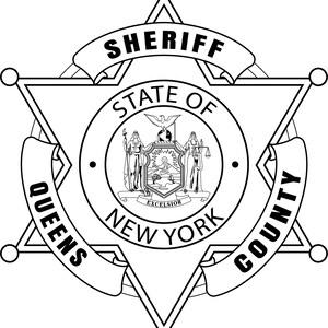 May include: Black and white illustration of a sheriff's badge with a six-pointed star and the words "Sheriff", "State of New York", and "Queens County".