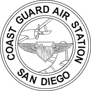May include: Black and white illustration of a Coast Guard Air Station San Diego emblem. The emblem features a stylized airplane, wings, and the text "Coast Guard Air Station San Diego".