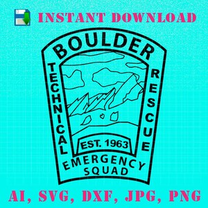 Può includere: Illustrazione in bianco e nero a linee di un distintivo con il testo "BOULDER TECHNICAL RESCUE" e "EST. 1963 EMERGENCY SQUAD". Il distintivo presenta una catena montuosa con un cielo e nuvole.