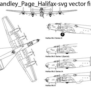 May include: A black and white line drawing of a Handley Page Halifax bomber aircraft. The drawing shows the aircraft from different angles, including a top view, side view, and front view. The text "Halifax Mk.I Series III", "Halifax Mk.II Series I (Special)", "Halifax Mk.II Series IA", and "Halifax Mk.III" is included in the drawing.