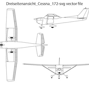 May include: A line drawing of a Cessna 172 airplane from three different angles: front, side, and top. The drawing is in black and white.