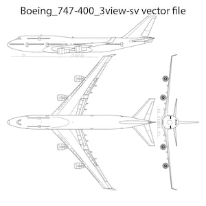 May include: A black and white line drawing of a Boeing 747-400 aircraft in three views: side, top, and bottom. The drawing shows the plane's wings, tail, engines, and landing gear.